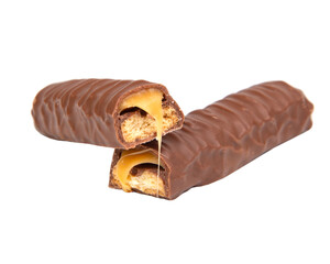Tasty chocolate bar stick caramel isolated on the white background