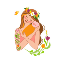 HAPPY MOTHER'S DAY  YOUNG MOTHER HUGS A NEWBORN  VECTOR POSTCARD