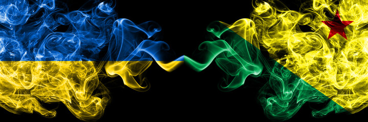 Ukraine, Ukrainian vs Brazil states Acre smoky mystic flags placed side by side. Thick colored silky abstract smokes flags.