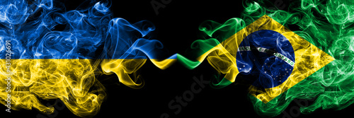 Ukraine, Ukrainian vs Brazil, Brazilian smoky mystic flags placed side by side. Thick colored silky abstract smokes flags.