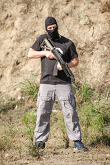 Army Soldier detachment during complex anti-terrorist exercises. Shooting and weapons. Outdoor shooting range