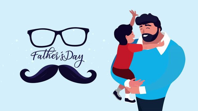 happy fathers day lettering with dad lifting son and mustache