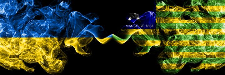 Ukraine, Ukrainian vs Brazil, Brazilian, Piaui smoky mystic flags placed side by side. Thick colored silky abstract smokes flags.