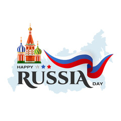 Happy Russia Independence Day Holiday Background with saint basils cathedral & Flag