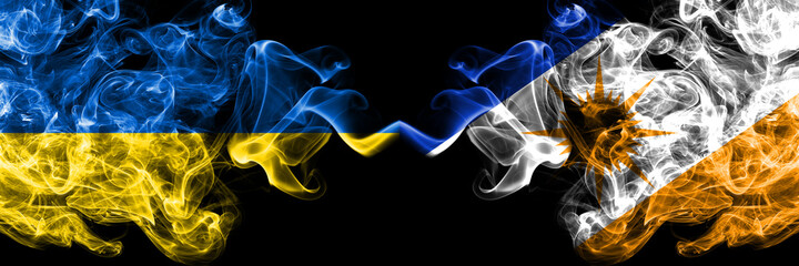 Ukraine, Ukrainian vs Brazil, Brazilian, Tocantins smoky mystic flags placed side by side. Thick colored silky abstract smokes flags.