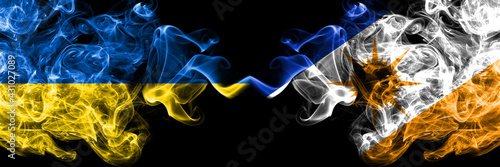 Ukraine, Ukrainian vs Brazil, Brazilian, Tocantins smoky mystic flags placed side by side. Thick colored silky abstract smokes flags.