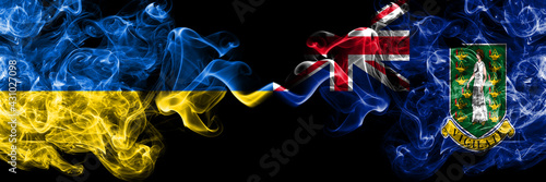 Ukraine, Ukrainian vs Britain, British Virgin Islands smoky mystic flags placed side by side. Thick colored silky abstract smokes flags.