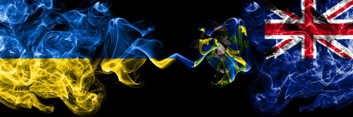Ukraine, Ukrainian vs British, Britain, Pitcairn Islands smoky mystic flags placed side by side. Thick colored silky abstract smokes flags.