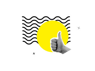 Digital collage modern art. Geometric Shapes. Thumbs up. Finger up. Business success. Creative media banner with element hand.