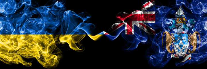 Ukraine, Ukrainian vs British, Britain, Tristan da Cunha smoky mystic flags placed side by side. Thick colored silky abstract smokes flags.