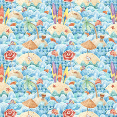 Seamless pattern with sea waves, islands, palms and fish. Summer wallpaper on the theme of a beach holiday. Hand drawn watercolor background for fabrics, textiles, wrapping paper, design and decor. 