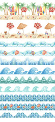 Set of seamless borders with sea waves, coast, fishes. Summer tape on the marine theme. Hand drawn watercolor banners for fabrics, textiles, stickers, designs, scrapbooking and decoration.