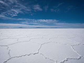 Endless boundless infinite vastness dreamy landscape of hexagonal shape white salt flat lake Salar...