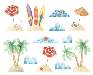 Clipart with watercolor beach holiday compositions. Hand-drawn set with palm trees, islands, surfboards, sea waves and umbrellas. Illustrations for fabrics, textiles, stickers, design and decoration.