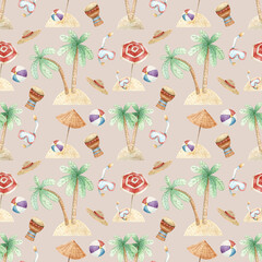 Seamless pattern with palm trees, umbrellas, swimming mask. Summer wallpaper on the beach theme. Hand drawn watercolor background for fabrics, textiles, wrapping paper, design and decoration.