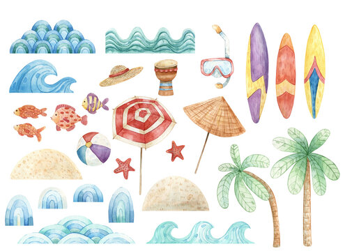 Clipart with palm trees, islands, surfboards, sea waves, fish and beach umbrellas. Hand drawn set of watercolor illustrations for fabrics, textiles, stickers, design, scrapbooking and decoration.