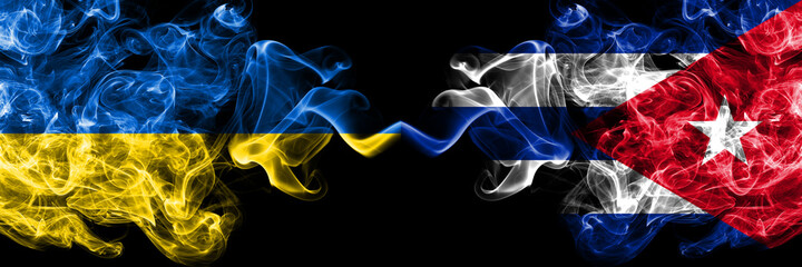 Ukraine, Ukrainian vs Cuba, Cuban smoky mystic flags placed side by side. Thick colored silky abstract smokes flags.