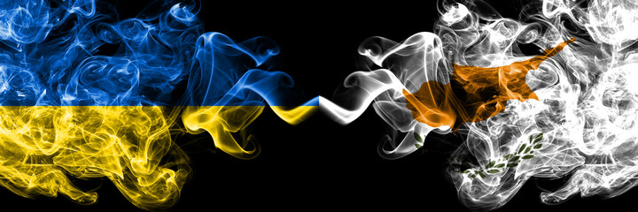Ukraine, Ukrainian vs Cyprus, Cypriot smoky mystic flags placed side by side. Thick colored silky abstract smokes flags.