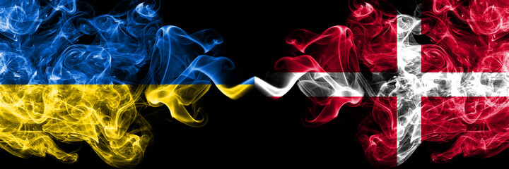 Ukraine, Ukrainian vs Denmark, Danish smoky mystic flags placed side by side. Thick colored silky abstract smokes flags.