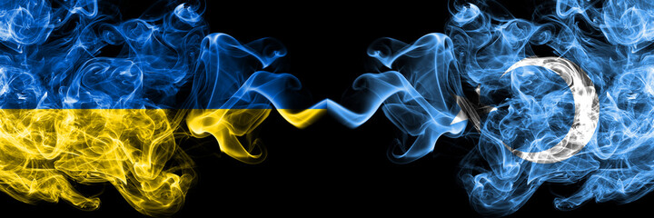 Ukraine, Ukrainian vs East Turkestan, Uyghurs, Uyghur smoky mystic flags placed side by side. Thick colored silky abstract smokes flags.