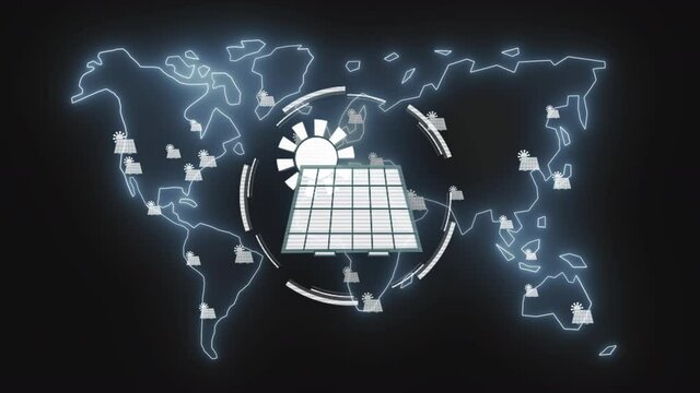 World map showing solar panel fields all over the world. Icon photovoltaic system, animation.