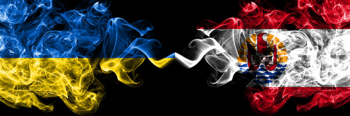 Ukraine, Ukrainian vs France, French Polynesia smoky mystic flags placed side by side. Thick colored silky abstract smokes flags.