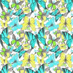 Butterfly seamless pattern on a white background. Watercolor butterflies' endless print. Blue, yellow, and green butterflies illustration. Cute colorful hand-drawn butterfly backdrop for your design. 