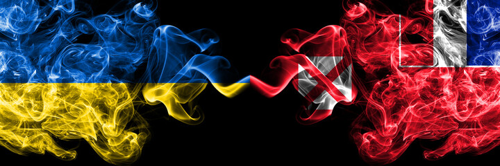 Ukraine, Ukrainian vs France, French, Wallis and Futuna smoky mystic flags placed side by side. Thick colored silky abstract smokes flags.