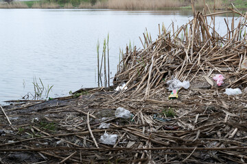Plastic bottles, packaging and bags by the river. Planet pollution concept.