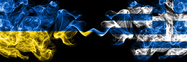 Ukraine, Ukrainian vs Greece, Greek smoky mystic flags placed side by side. Thick colored silky abstract smokes flags.