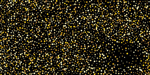 Golden point confetti on a black background.  Illustration of a drop of shiny particles. Decorative element. Element of design. Vector illustration, EPS 10.