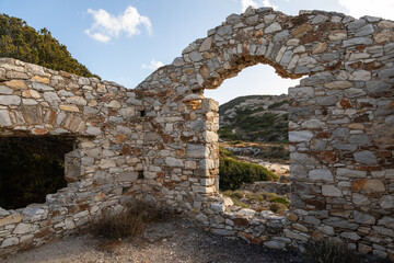 Ruins of house at the ancient Paros marble quarries, Greece.