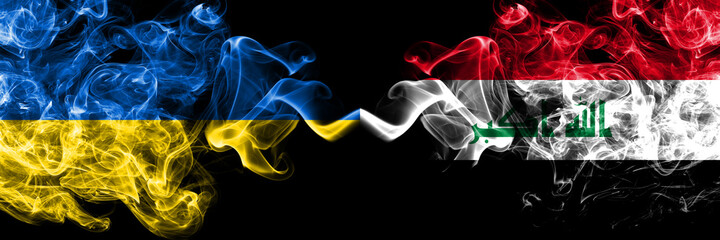 Ukraine, Ukrainian vs Iraq smoky mystic flags placed side by side. Thick colored silky abstract smokes flags.