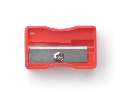 Top view of red plastic pencil sharpener
