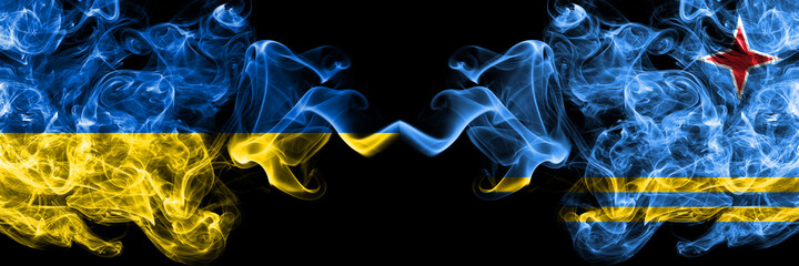 Ukraine, Ukrainian vs Netherlands, Dutch, Holland, Aruba smoky mystic flags placed side by side. Thick colored silky abstract smokes flags.