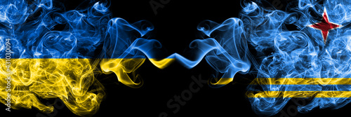 Ukraine, Ukrainian vs Netherlands, Dutch, Holland, Aruba smoky mystic flags placed side by side. Thick colored silky abstract smokes flags.