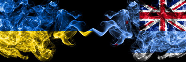 Ukraine, Ukrainian vs New Zealand, Ross Dependency smoky mystic flags placed side by side. Thick colored silky abstract smokes flags.