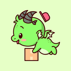 CUTE BABY GREEN DRAGON CARRYING A BOX WHILE FLYING AND THE HAT ARE COMES OFF. HIGH QUALITY CARTOON CHARACTER.