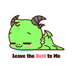 CUTE LITTLE BABY GREEN DRAGON SLEEPING ON THE FLOOR WITH HAPPY FACE AND  SALIVATED. HIGH QUALITY CARTOON CHARACTER