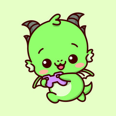 CUTE LITTLE BABY GREEN DRAGON IS PLAYING GAME AND HOLDING A PURPLE JOYSTICK AND MAKE A HAPPY FACE CARTOON MASCOT