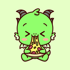 CUTE LITTLE GREEN DRAGON IS EATING A SLICE OF PIZZA. HIGH QUALITY CARTOON MASCOT.