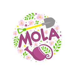 Portuguese Spring lettering emblem with blooming flowers, shovel and watering can. Hand drawn round Logo for card, poster or banner. Vector isolated illustration in doodle style. Translation: Spring