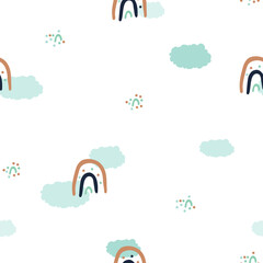 Cute cartoon rainbow and clouds in the sky seamless pattern on white background. Vector simple hand drawn illustration for kids