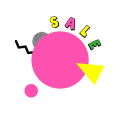 Bright abstract geometric print for sale. Cute media banner. Funny modern collage. Shapes on the white background. Pink, yellow, green colors. Isolated figures. Cartoon style.