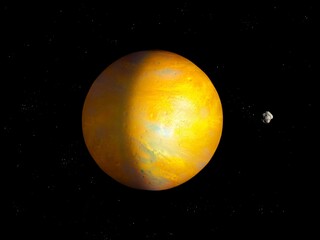 beautiful yellow planet with asteroid, planet with satellite 3d illustration