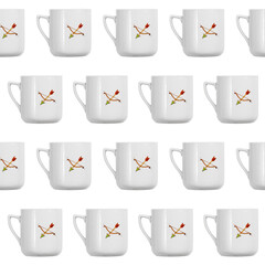 White porcelain cups with bow and arrow painted. Crockery background