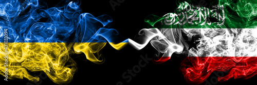 Ukraine, Ukrainian vs Somaliland smoky mystic flags placed side by side. Thick colored silky abstract smokes flags.