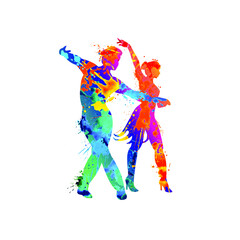 Naklejka na ściany i meble Silhouette of a dancing pair sporting latin classical dances. Vector icon of splash paint