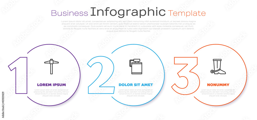 Poster set line pickaxe, canteen water bottle and cowboy boot. business infographic template. vector