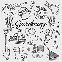 Garden tools doodle set. Hand equipment for gardening, farming, agriculture. Vector icons in sketch style on white. © MerianIva